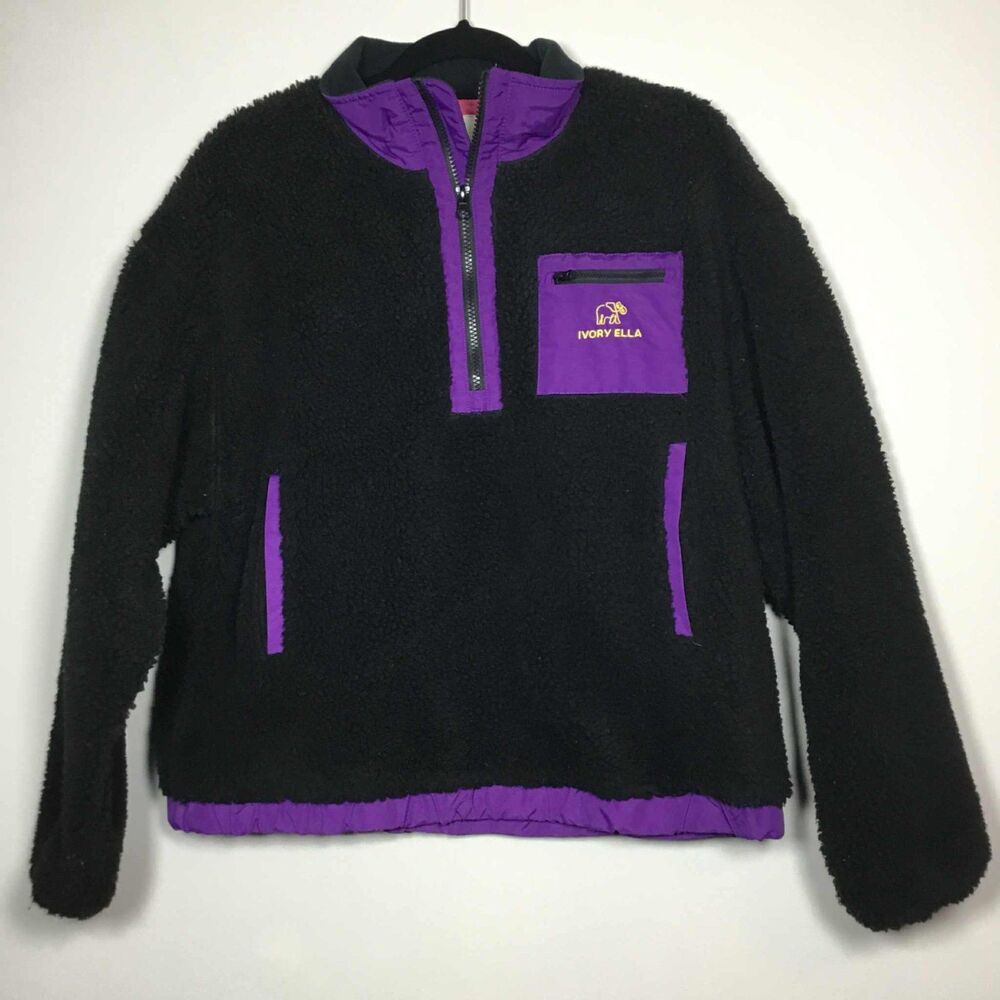 Ivory Ella Outdoors Hiking Granola Girl Black Purple Fleece 1/4 Zip Jacket M